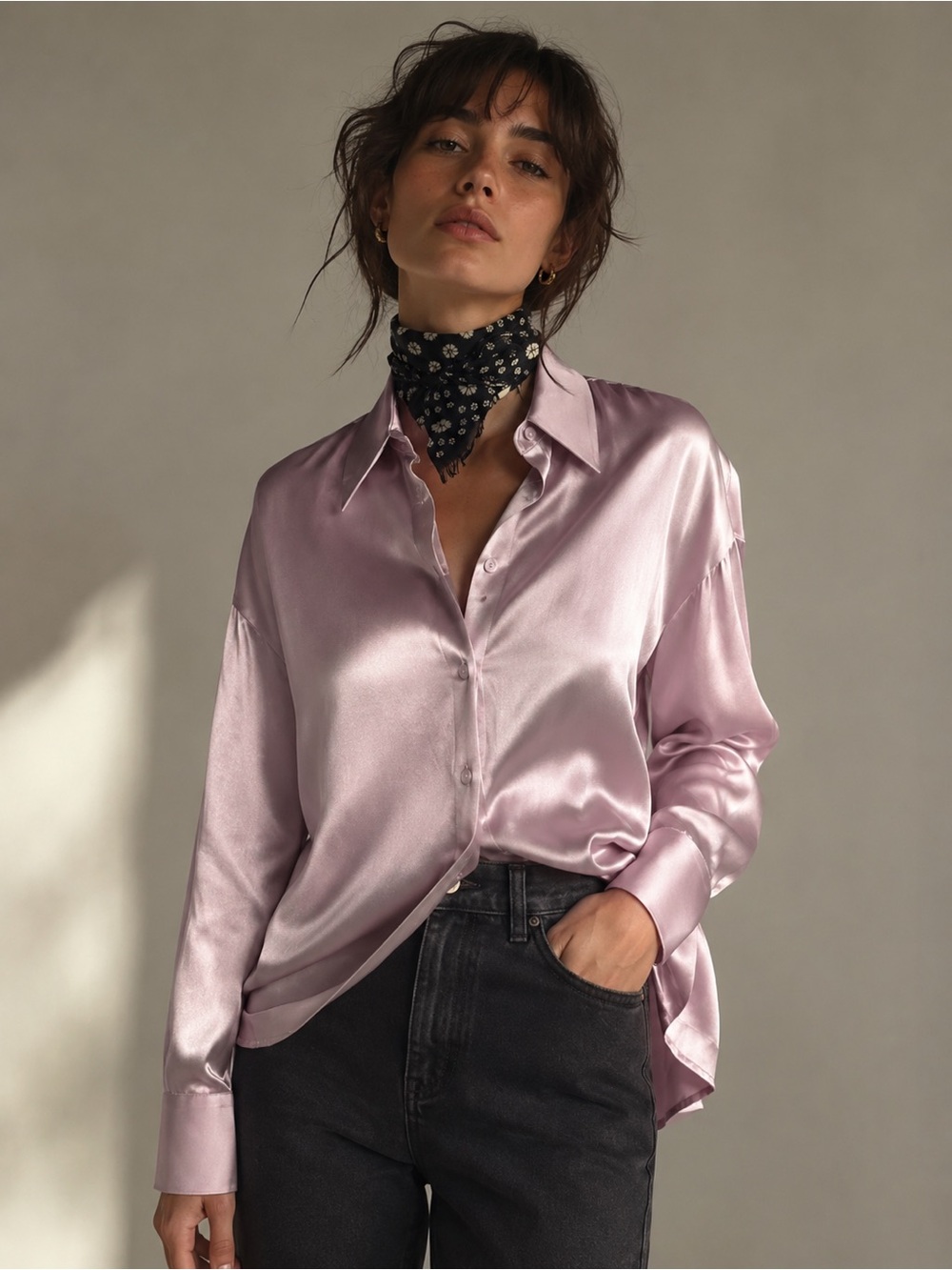 NEW CLUB MONACO Women Shirt SILK Mulberry Relaxed Button Down Light Lilac Med